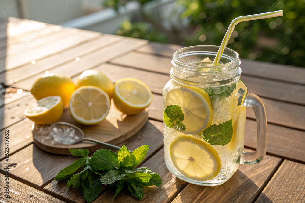 Fototapeta premium Mason Jar Filled with Lemon Infused Water with Fresh Lemon Slices and Mint Leaves on Wooden Table in Summer Sunlight