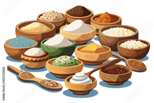 vector of All kinds of sugar in separate wooden bowls. Separated. On a white table and a white background.