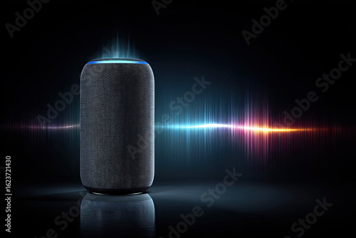 Smart speaker with colorful sound wave visualization, voice assistant technology, AI audio device with rainbow spectrum display, modern home automation and digital communication concept

