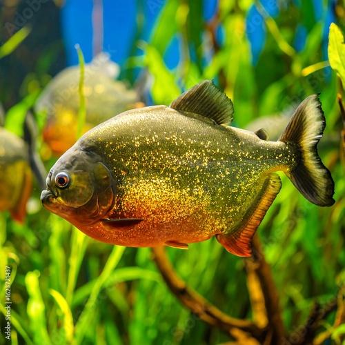Close-up of a red-bellied piranha in an aquarium