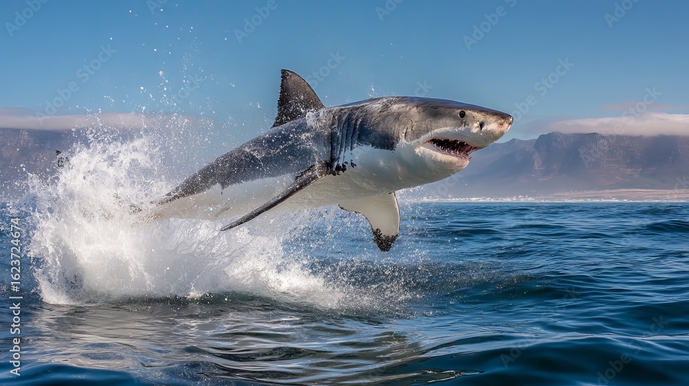 Fototapeta premium A great white shark breaches the surface, showcasing its powerful physique and sharp teeth.