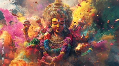 A colorful artwork of a divine figure amidst joyous celebrations