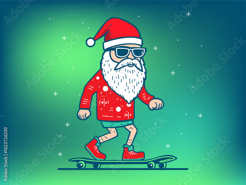 Santa Claus on a skateboard, skater. Stylish Santa hipster in sunglasses on Skate Board. Christmas greeting card with Santa Claus. Christmas holiday flyer with Santa. Cartoon Santa Claus Illustration