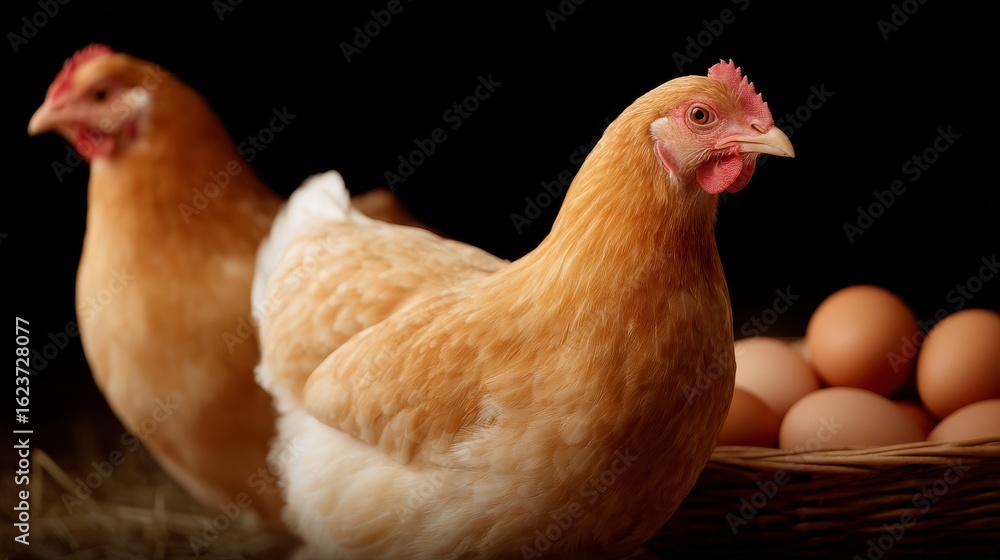 Fototapeta premium Two hens are seen in a cozy farm setting. One hen is in focus while the other looks on. The chickens are healthy and lively. They stand near a basket of fresh eggs. AI