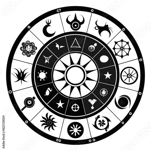 Esoteric circular diagram with celestial and symbolic icons isolated on white background silhouette