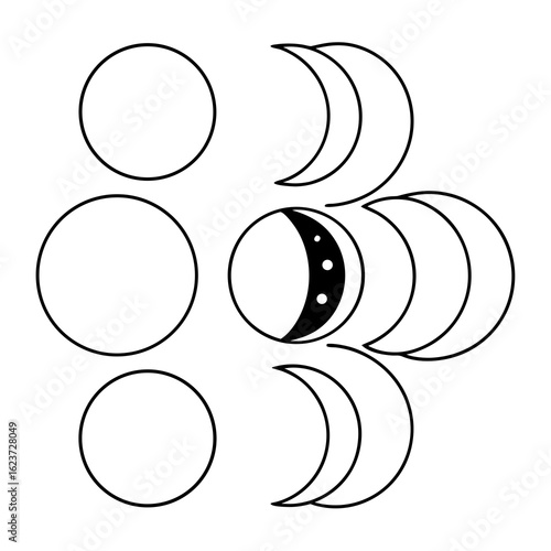 Stylized moon phases and full moons silhouette isolated on white background