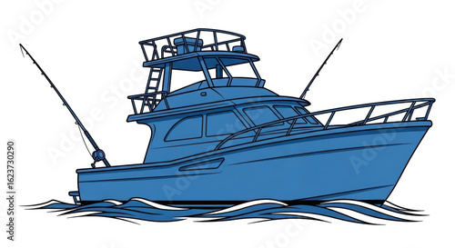 Isolated fishing boat with fishing rods
