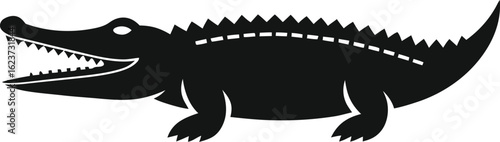 Black silhouette of an alligator with open mouth and sharp teeth on a white background