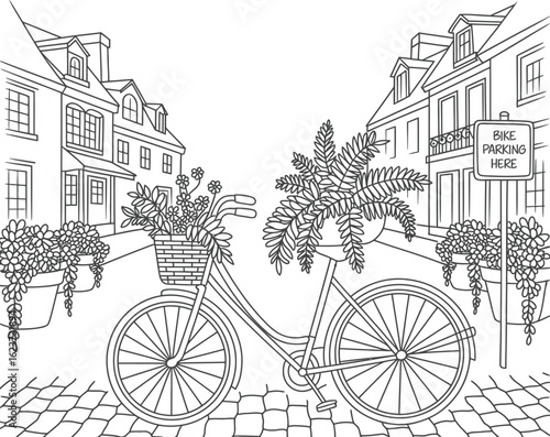 Vintage Bicycle with Floral Basket in European Town Line Art Illustration
