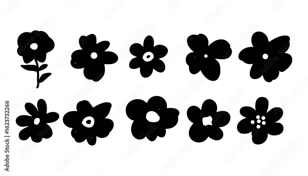 Fototapeta premium silhouette hand-drawn flowers vintage set botany black icon.