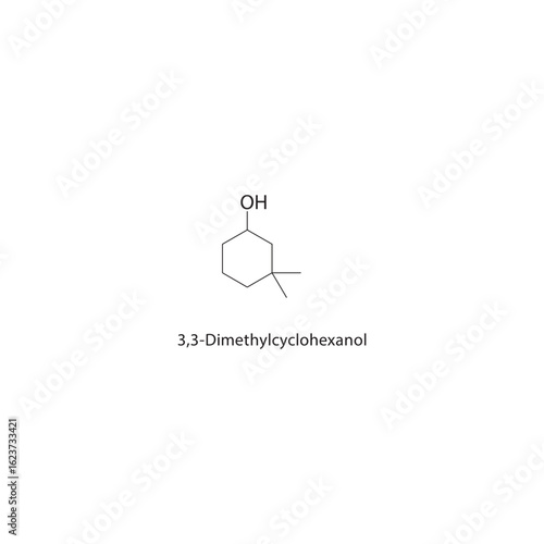 3,3-Dimethylcyclohexanol skeletal structure. Cycloalcohol compound schematic illustration. Simple diagram, chemical formula.