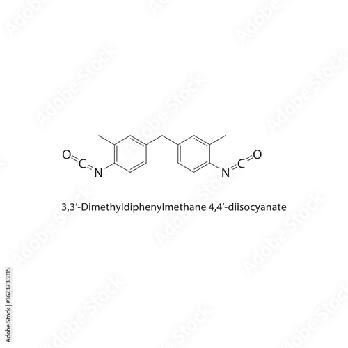 3,3’-Dimethyldiphenylmethane 4,4’-diisocyanate skeletal structure. Diisocyanate compound schematic illustration. Simple diagram, chemical formula.