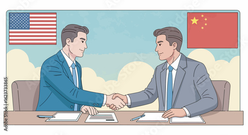 illustration of two businessmen shaking hands across a table full of tariffs documents, with US and China flags in the background