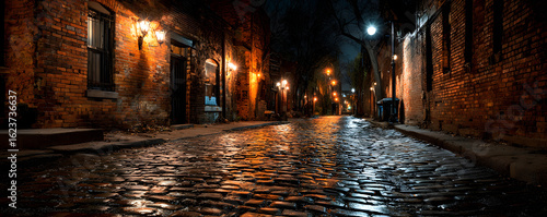 Dark and scary vintage cobblestone brick city alley at night in Chicago