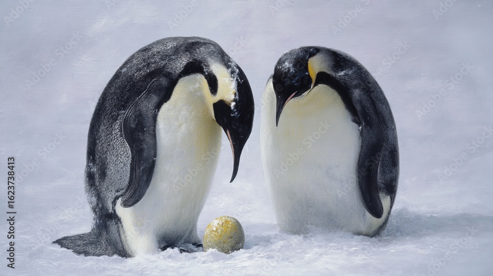 Obraz premium Two emperor penguins lovingly guard their egg on a snowy landscape.