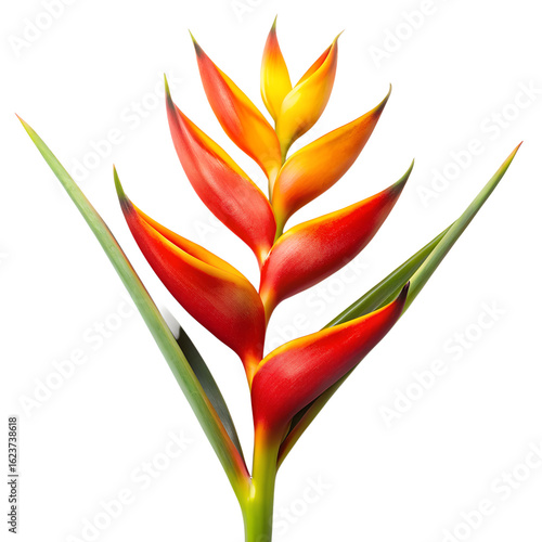 A vibrant tropical heliconia flower with red, orange, and yellow petals and green leaves, isolated on a transparent background, symbolizing exotic beauty and summer