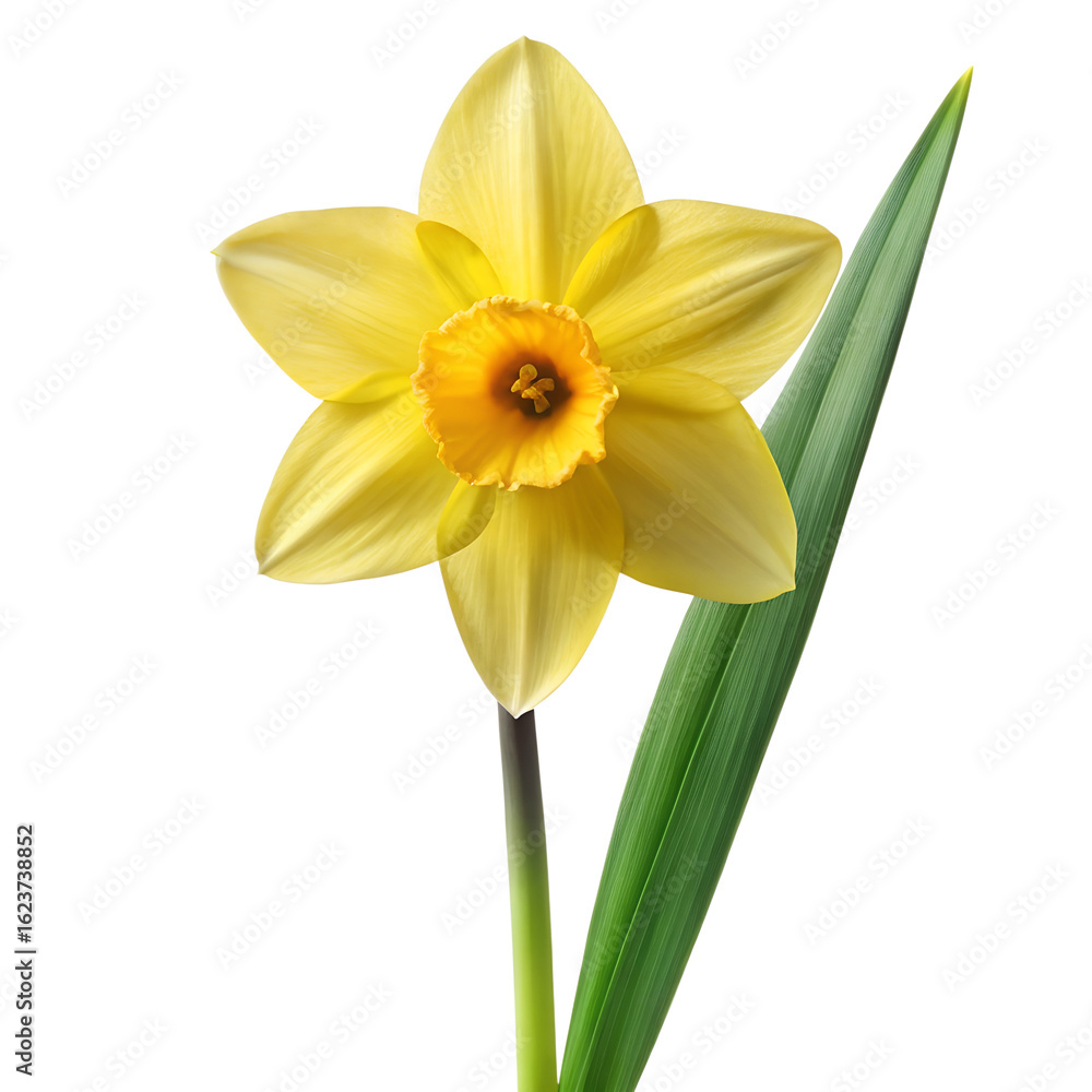 Fototapeta premium A single yellow daffodil flower with a green leaf, isolated on a transparent background, showcasing its delicate petals and vibrant color, perfect for spring themes