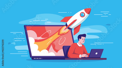 rocket launching from a laptop screen with a developer vector illustration, a business startup launch, fast project deployment and high-speed performance