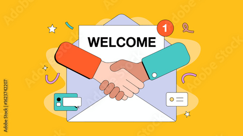handshake emerging from a welcome email vector illustration, digital greeting, customer onboarding and new partnership agreement
