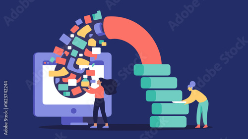 two female developers organizing data into a digital workflow funnel vector illustration, information processing, content curation and data aggregation