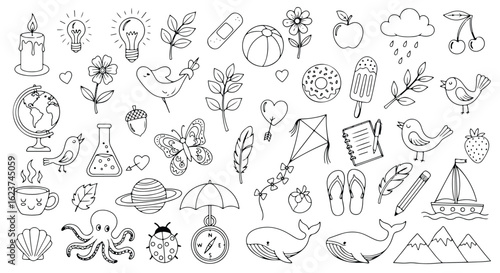 Collection of handdrawn elements including leaves, feather, heart with arrow, and kite isolated on white background doodle style icon set