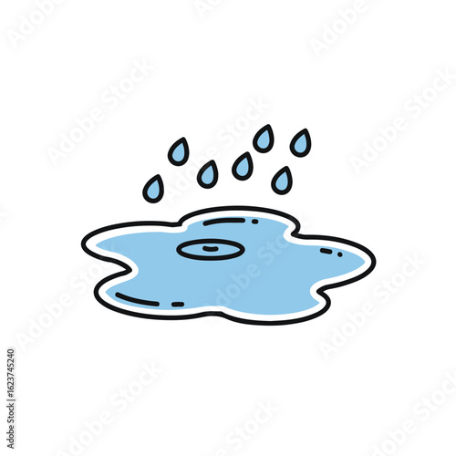 Rain drops falling into a puddle, a simple and cute illustration.