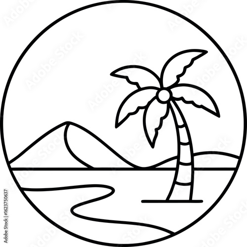 Minimalist Tropical Beach Scene with Palm Tree and Mountains