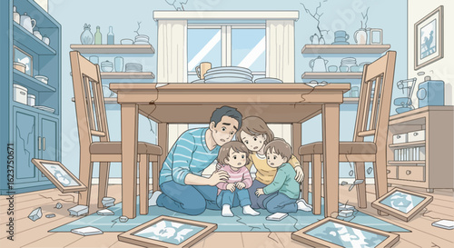Family huddled together under a table as an earthquake hits their home, shelves falling, framed photos breaking