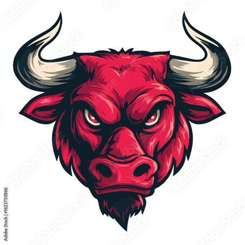 Aggressive red bull mascot head illustration staring fiercely with sharp horns perfect for sports teams or branding with power and determination