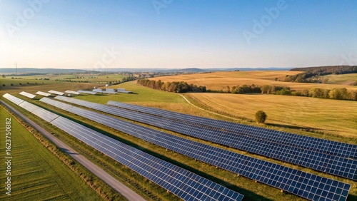 Aerial View of a Large Solar Panel Farm in a Wide Rural Landscape with Blue Sky
Renewable Energy Concept: A Solar Power Plant in a Countryside Field