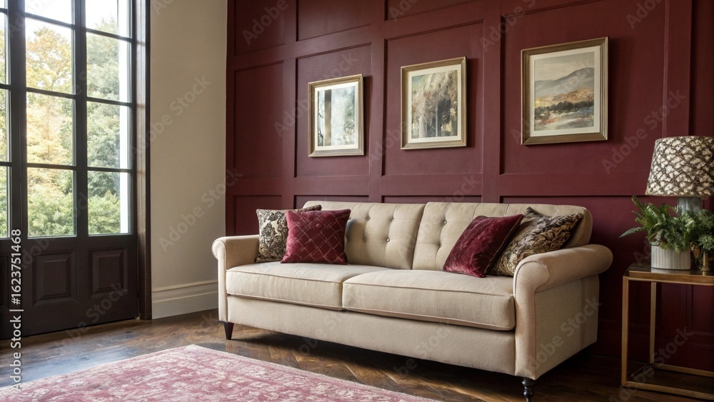 Fototapeta premium Stylish Interior Design with a Bold Burgundy Accent Wall and a Neutral Beige Sofa Elegant Living Room with a Tufted Couch, Decorative Wall Paneling, and Art