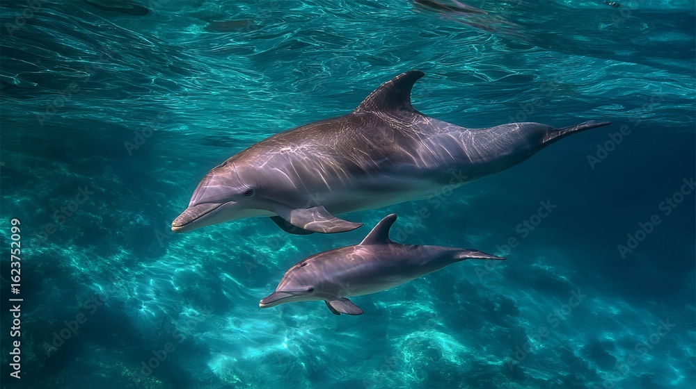 Fototapeta premium A pair of dolphins swims gracefully underwater, showcasing their strong bond and elegance.