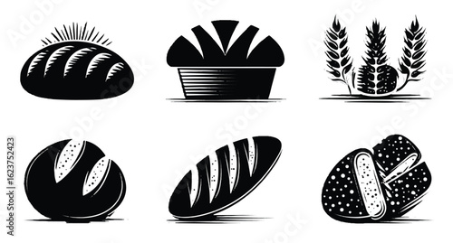 Assorted stylized black and white bread loaf icons for bakery products or food illustrations and designs showcasing different baking techniques and grain usage