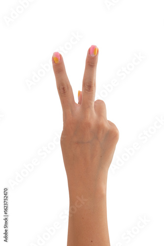 Caucasian woman's manicured hand with two extended fingers, symbolizing number two, isolated on white background
