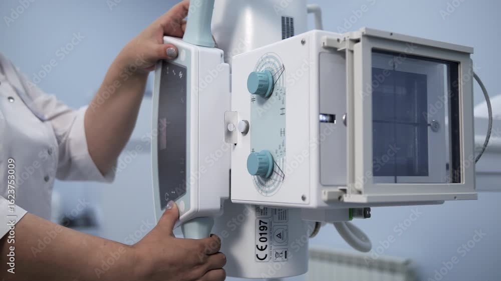 Radiology technician operating hospital X-ray equipment Radiology technician operating hospital X-ray equipment