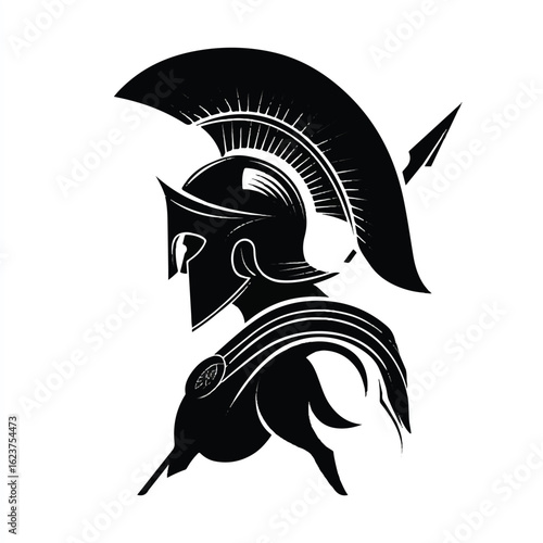 Black and White Spartan Warrior Illustration with Helmet and Spear Depicting Strength and History Ancient Warfare