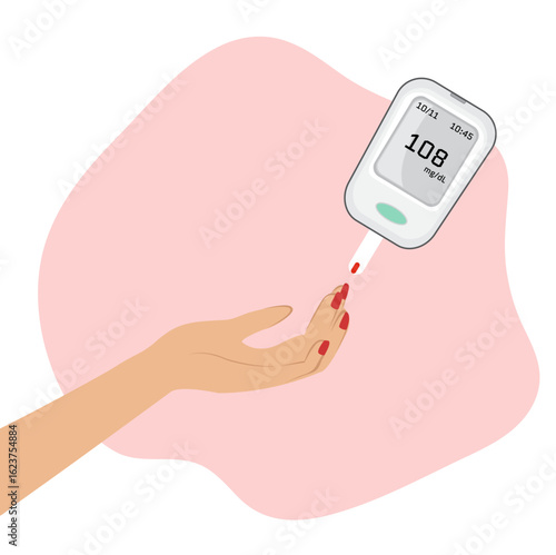 Banner, Glucometer for checking blood sugar levels, woman's hand with manicure, drop of blood, light background