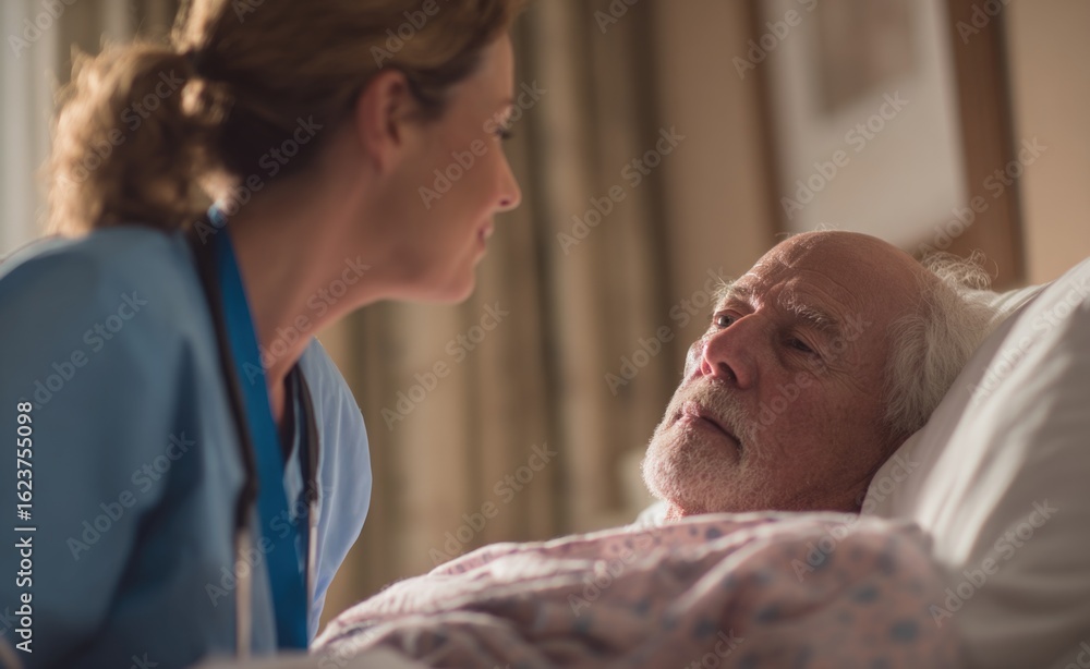 Fototapeta premium Compassionate nurse woman provides gentle care to elderly senior man patient lying in nursing home bed. Dedicated aged care employee day worker offers comfort and support