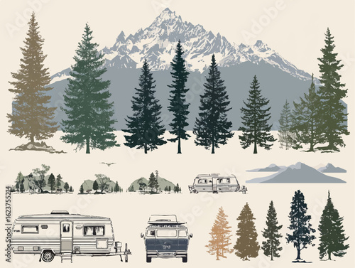 Camping Adventure in the Mountains Vector Illustration with RVs and Pine Trees for Outdoor Enthusiasts and Travel Lovers