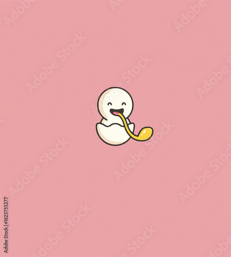 Cartoon Character Hatching from Egg with Tongue Out on Pink Background Illustration for Children