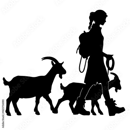 Silhouette of a shepherdess leading two goats