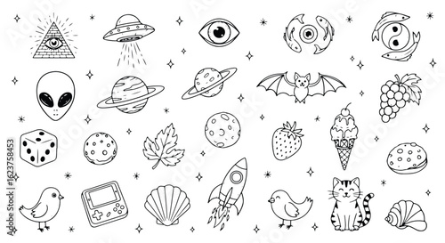 Vibrant illustration of planets and stars in outer space, depicting exploration and the vastness of the universe, isolated on white background doodle style icon set