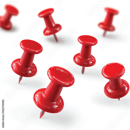 Collection of Bright Red Push Pins on a Clean White Surface for Office or Creative Projects
