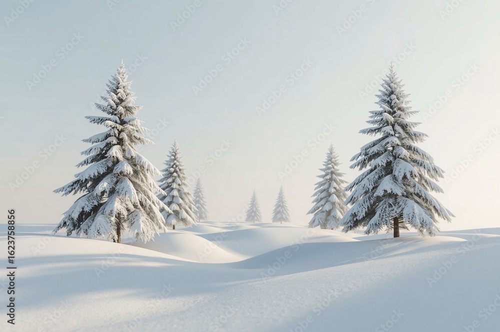 Fototapeta premium Snowy field, frosted pines, winter sunrise, calm landscape, holiday card