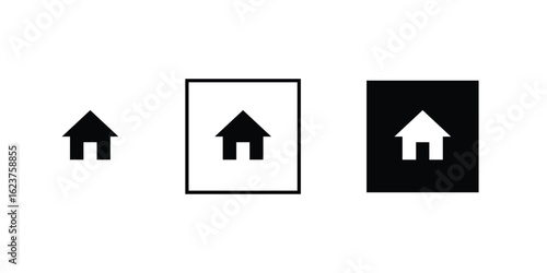 Black Home Icons Set – Trio of House Silhouettes with Window Detail and Framed Variants for Digital UI Design