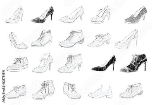Collection of Hand Drawn Womens Shoes in Various Styles Sketch Fashion Footwear Artwork on White Background