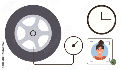 Vehicle tire connected to gauge, clock symbol, and face recognition icon. Ideal for automotive care, time management, surveillance, identity verification, efficiency smart tech safety concepts. A