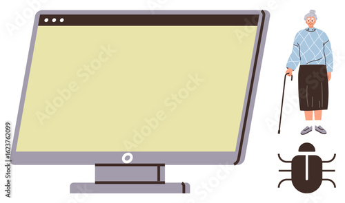 Elderly woman standing with a cane, large blank computer monitor, and bug icon. Ideal for technology, aging, cybersecurity, problem-solving, digital literacy accessibility support. Simple flat