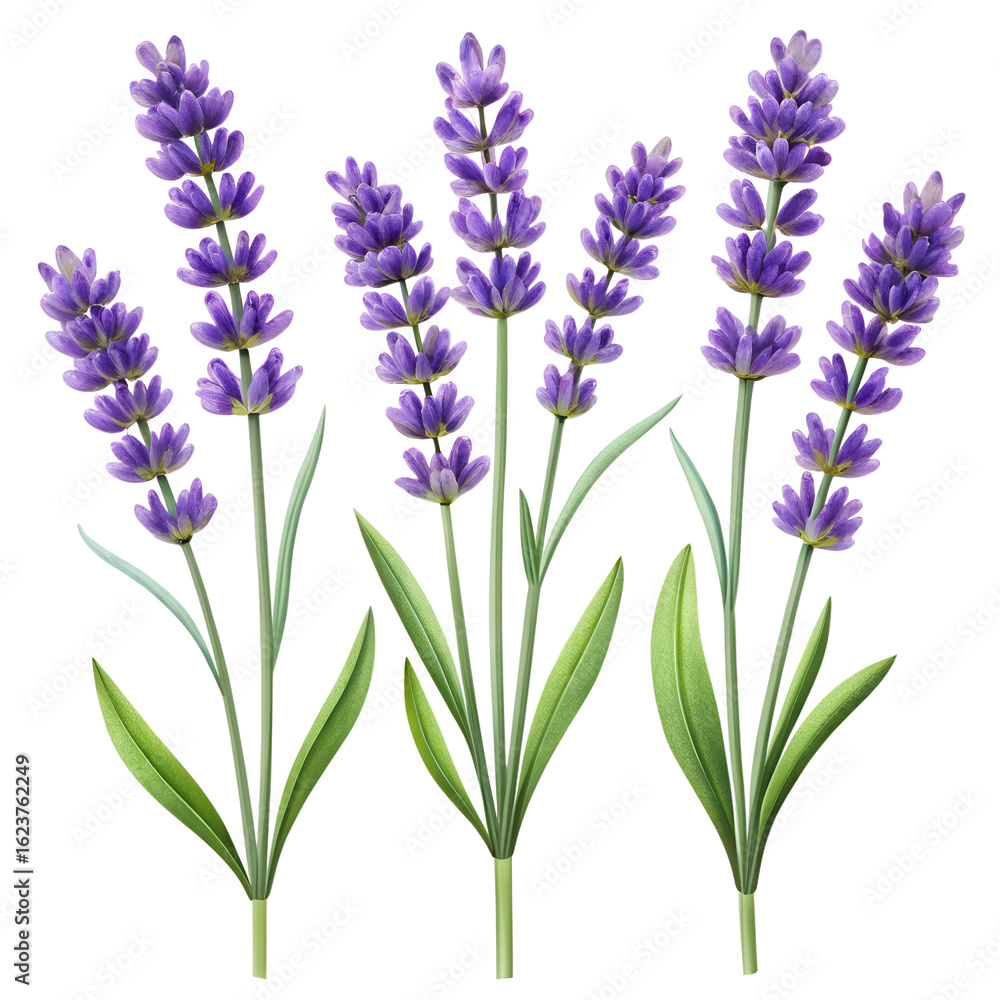 Naklejka premium Three sprigs of purple lavender flowers with green leaves, isolated on a transparent background, representing nature and aromatherapy