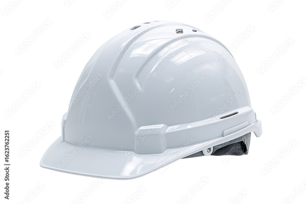 A pristine white safety helmet, angled slightly, features a smooth, glossy finish and structured design elements A pristine white safety helmet, angled slightly, features a smooth, glossy finish and structured design elements